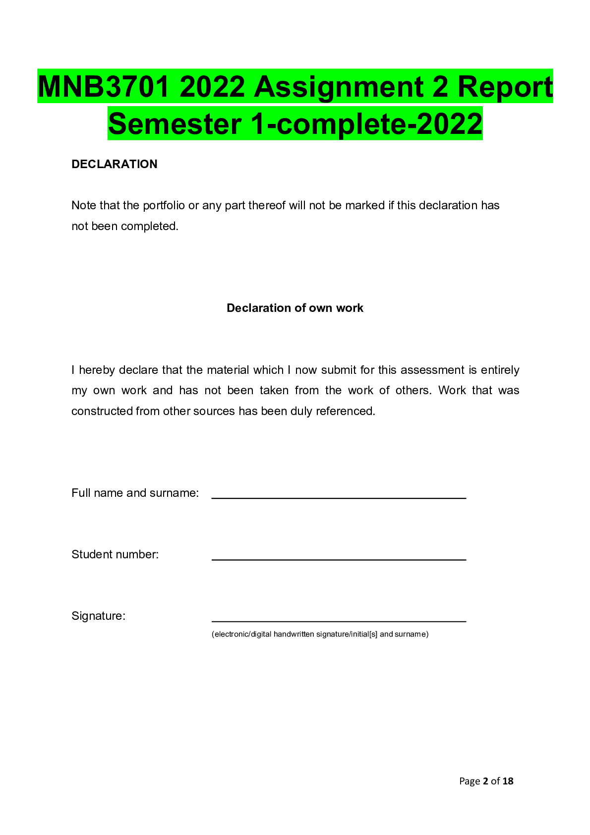 Preview of MNB3701 2022 Assignment 2 Report Semester 1-complete-2022